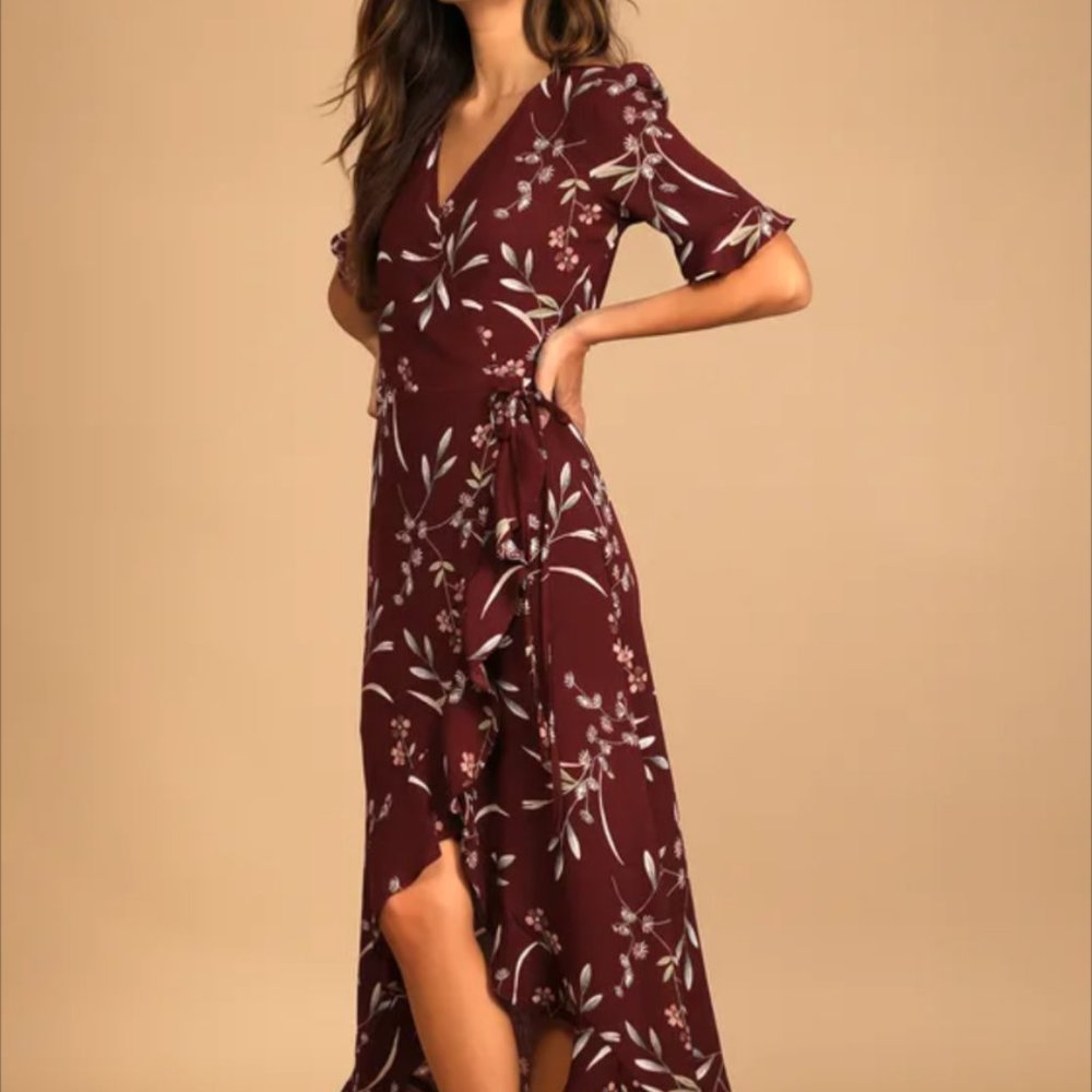 Lulus Wild Winds Burgundy Floral Print High Low Wrap Dress (NWT)